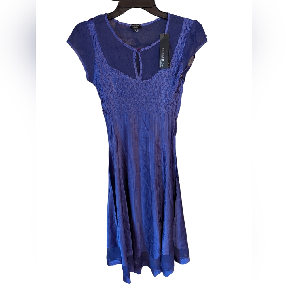 Komarov Soft Silky Blue Purple Midi Cap Sleeve Dress, Size S NWT